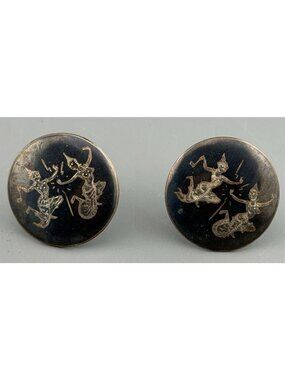 Vintage Siam Cuff Links Sterling Silver Niello Dancer Round 1.25”